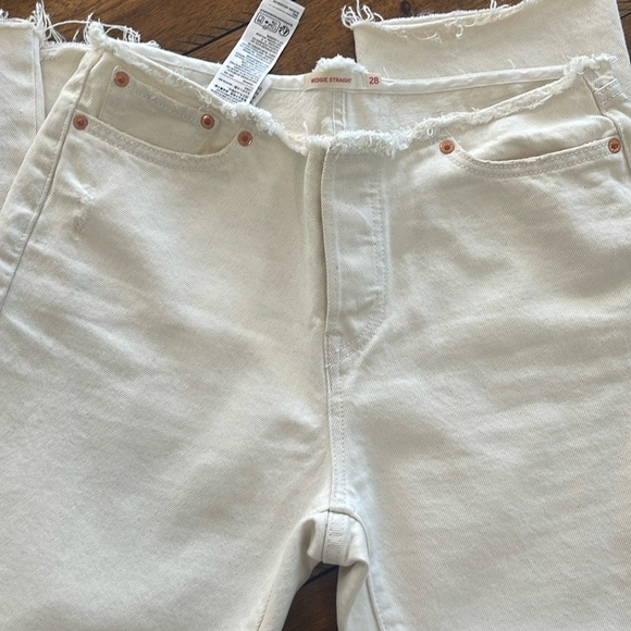 Levis Jeans Wedgie Straight No Waistband beige cream raw hem button fly sz 28 - Picture 1 of 17